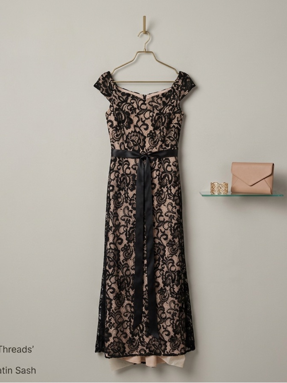 Betsy & Adam Black Lace Maxi with Nude Underlay and Waist Sash